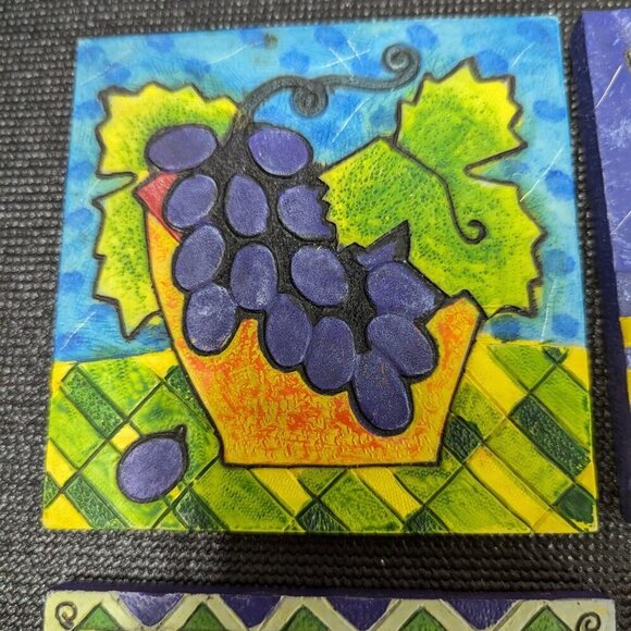 Set Of 4 Lot Colorful Coasters Sommelier Fun Under Glass Grapes Pears Olives - Picture 7 of 7